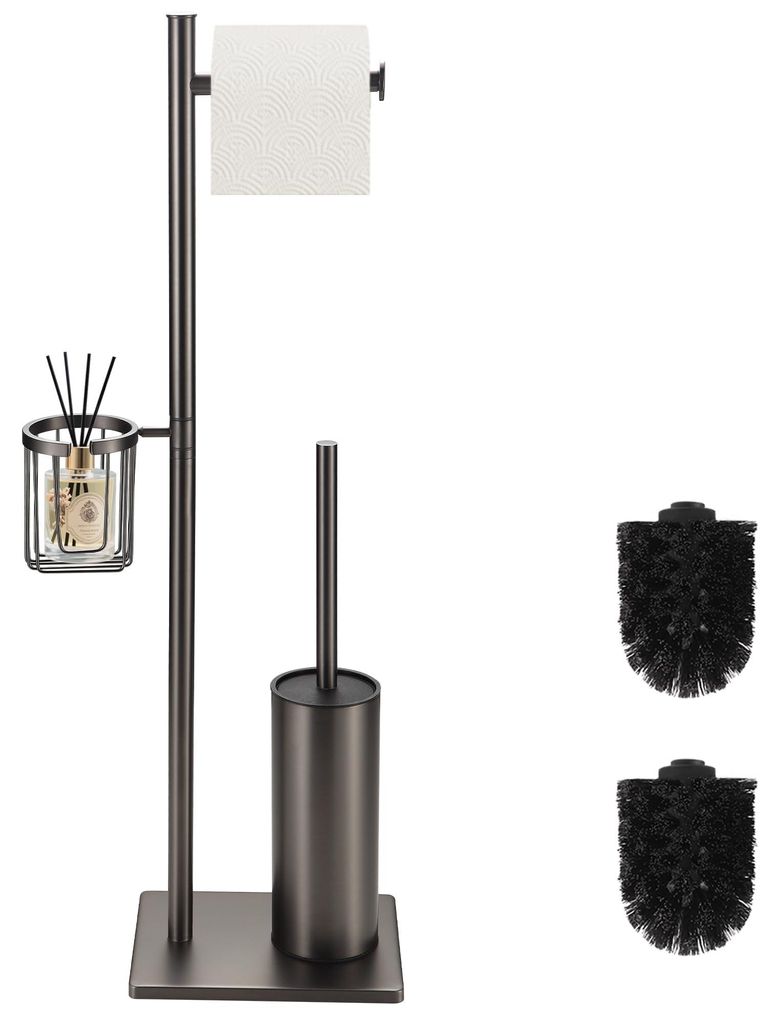 Toilettenbürste mit Toilettenpapierhalter und praktischem Aufbewahrungskorb, freistehende Toilettenbürste aus Edelstahl, 3-in-1-Toilettenset im m...