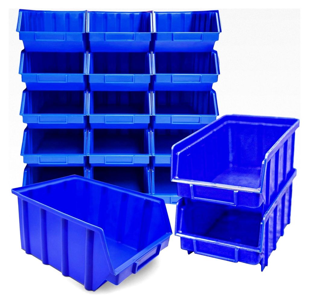 15 Stapelboxen Größe 4 Stapelkisten Sichtlagerkästen 340x222x157 mm (Blau, Polypropylen)