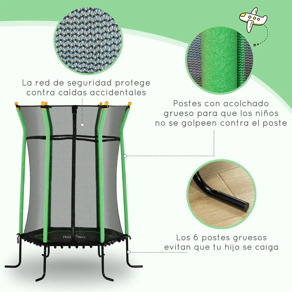 Trampoline enfant Ø 163 cm avec filet de sécurité vert - Hauteur 190 cm