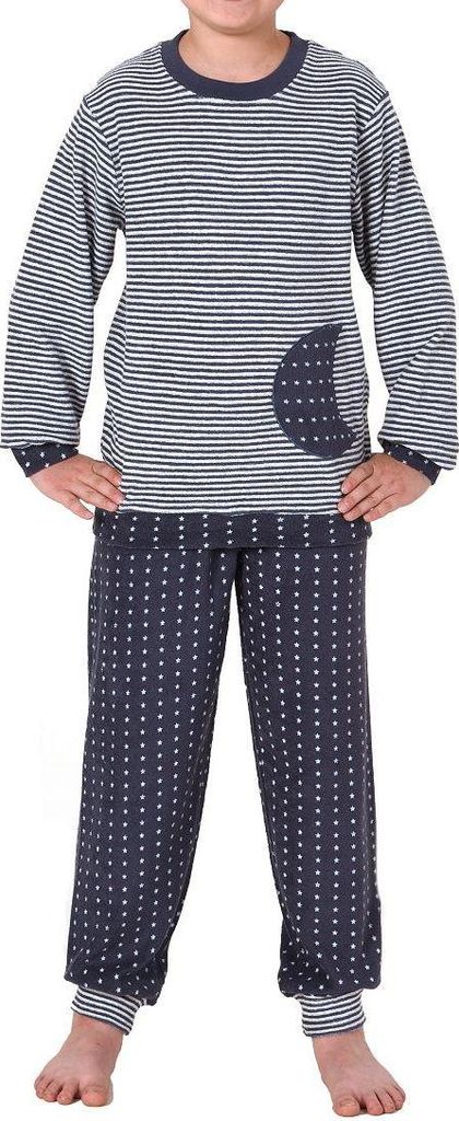 Jungen Frottee Pyjama mit Bündchen, warmer Kinder Schlafanzug in Ringel-Optik (Unisex) ; Ringelmarine , 152