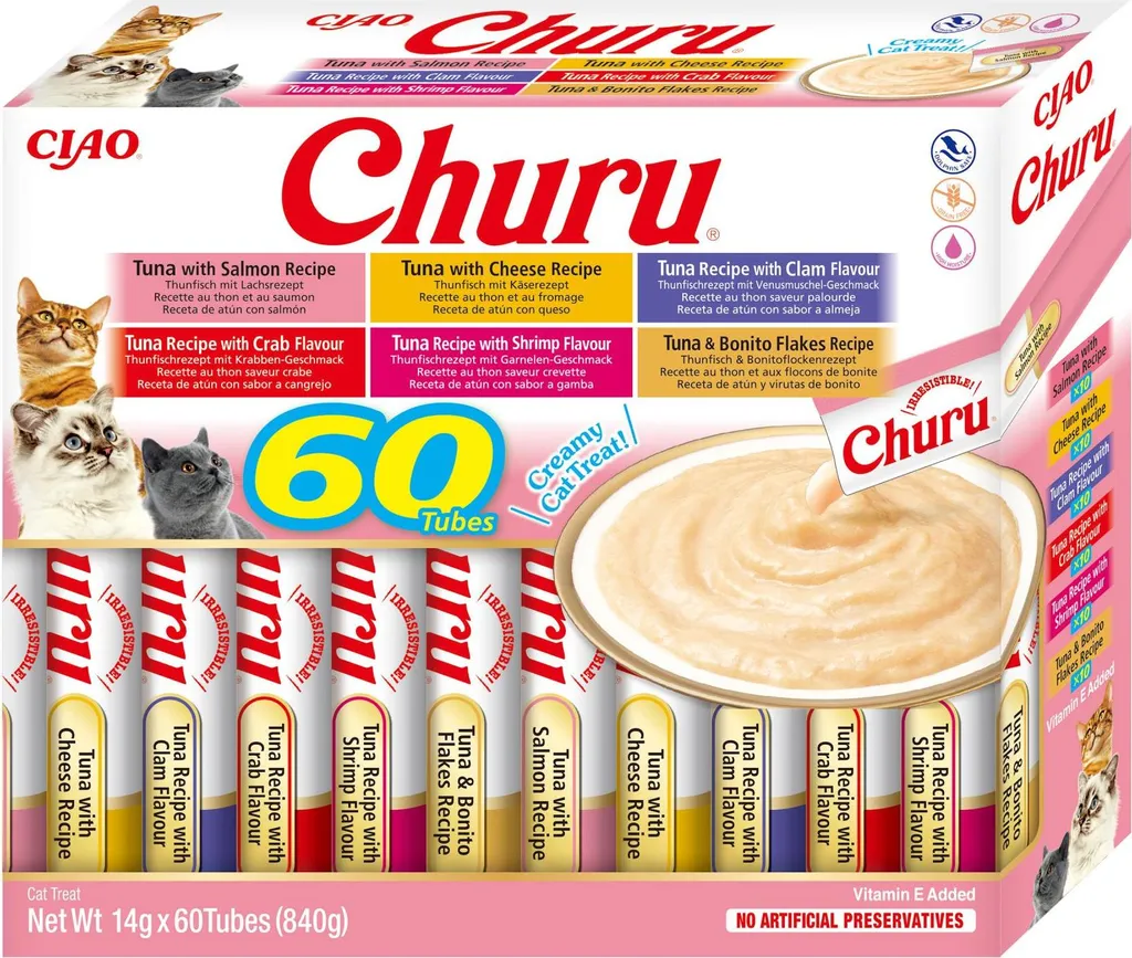 Churu Cat BOX Thon Sans Céréales - 60 Tubes Crème Onctueuse 40g