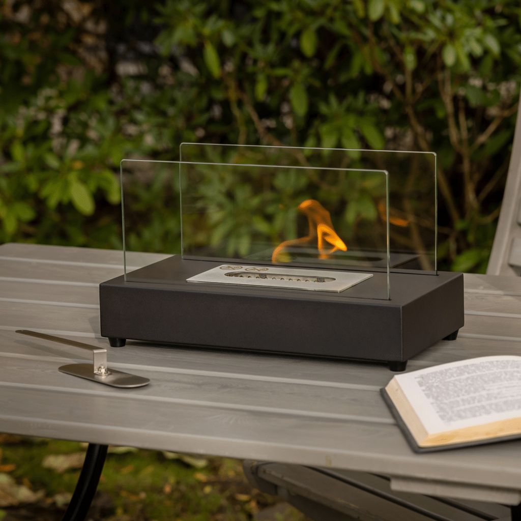 Ethanol Tischfeuer eckig Edelstahl Glas schwarz modernes Design Außenbereich