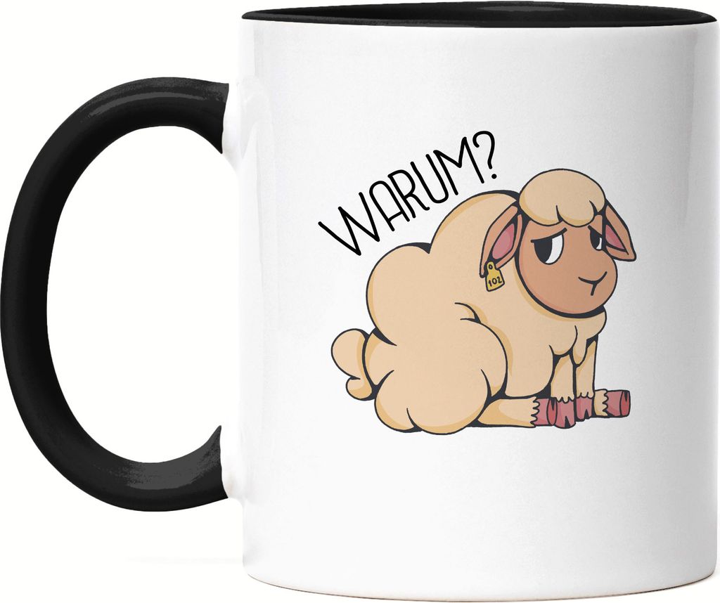 Warum Tier Essen Tasse Schwarz Vegan Vegetarier Geschenkidee Plant-Based Tierwohl Süßes Schaf