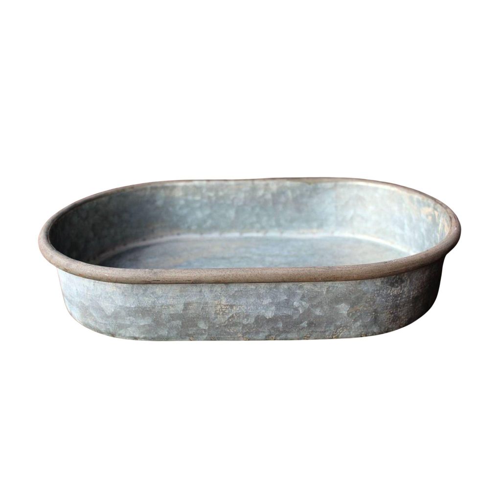 Vintage Zink Tablett oval mit authentischer Patina, 34,5 x 21,5 x 6,5 cm