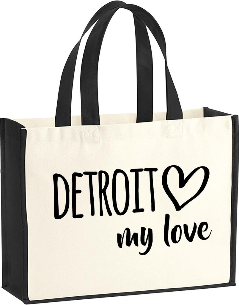 Huuraa Jutetasche Detroit my love 21 Liter Black Jute und Baumwolle Einkaufstasche Geschenkidee