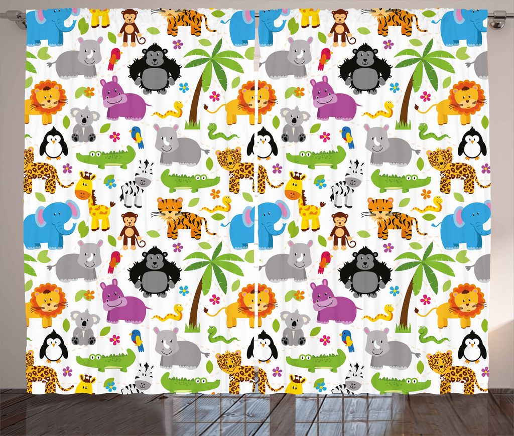 ABAKUHAUS Kindergarten Rustikaler Gardine, verschiedene Tiere, Schlafzimmer Kräuselband Vorhang mit Schlaufen und Haken, 280 x 175 cm, Mehrfarbig