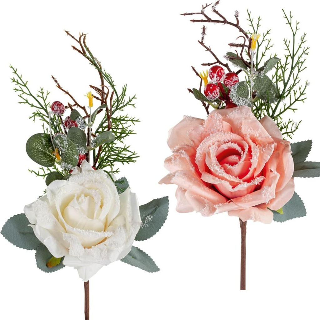 Rosenbouquet beschneit Kunstblumen Dekozweige Dekoblumen Ø 10x15 cm 2 Farben, 5_Farbe:Rosa