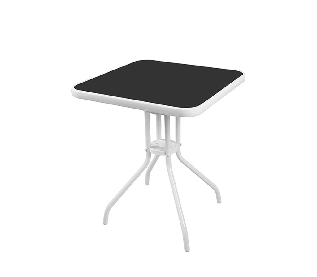 A square table with a black top and white legs is shown against a white background.