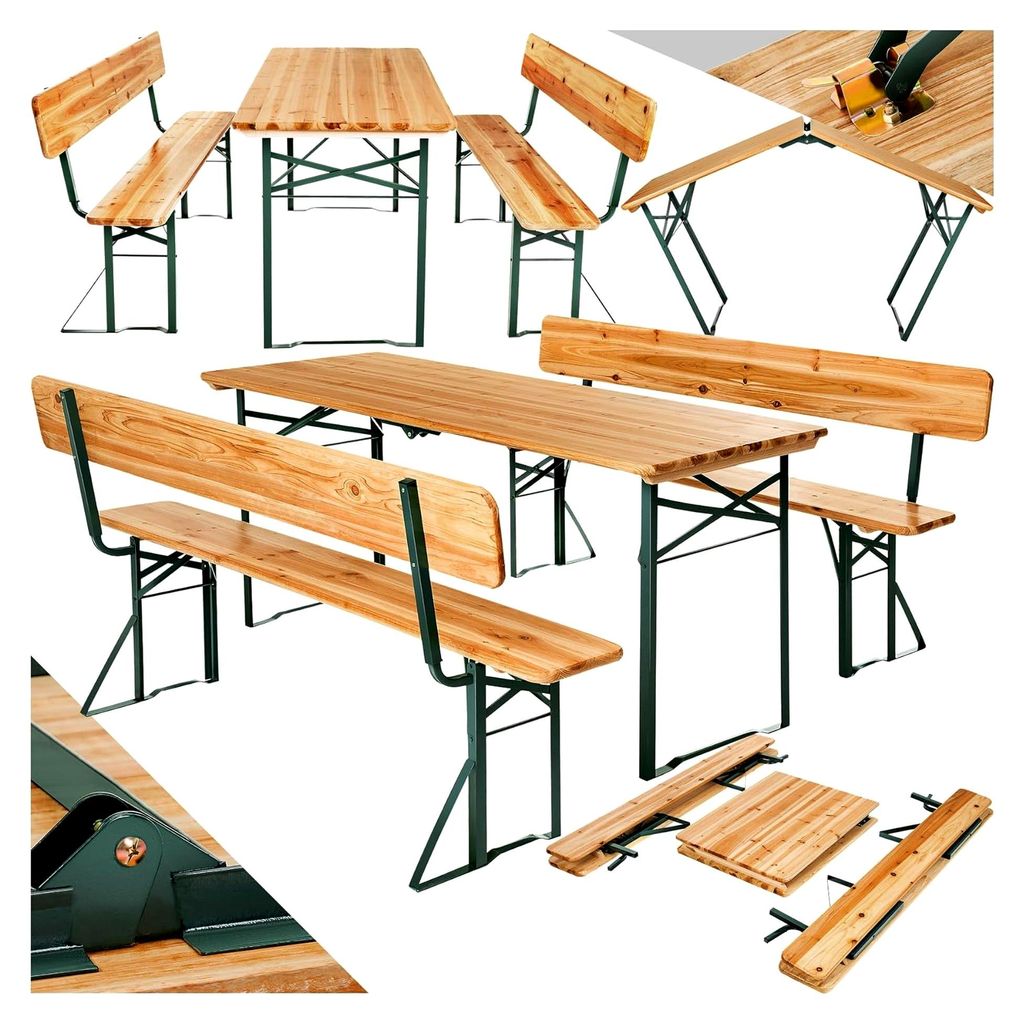 Bierzeltgarnitur mit Lehne, Klapptisch und 2 Sitzbänken, Gartenmöbel Set, Camping Zubehör, faltbarer Esstisch, Balkontisch