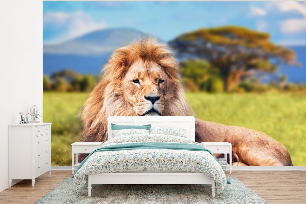 MuchoWow Fototapete für Wohnzimmer oder Schlafzimmer Wandtapete Vinyl Motivtapete Löwe - Savanne - Afrika - 350x260 cm - Wohnzimmer-Tapete