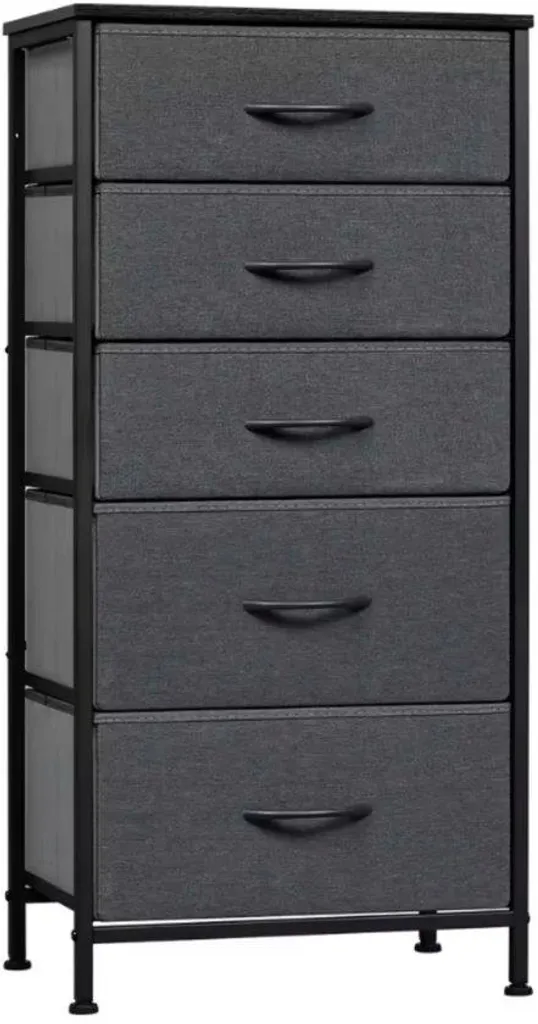 Meuble 5 tiroirs aspect bois et structure métal gris gain de place