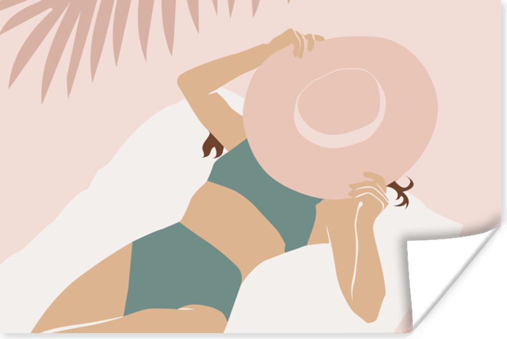 MuchoWow Poster Frau - Strandhut - Pastell 180x120 cm - Fotoplakat
