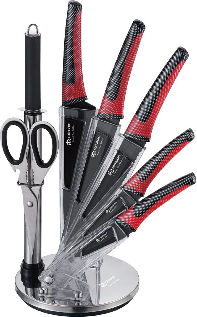 8tlg. Schwarzes und rotes Küchenmesser Ständer 360°Hackmesser Kochmesser Brotmesser Universalmesser Gemüsemesser Messerschärfer Küchenschere