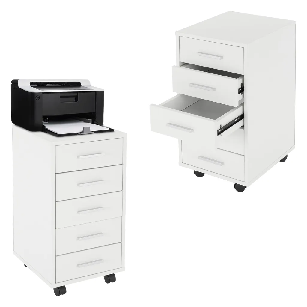 Caisson de Bureau Blanc à Roulettes avec 5 Tiroirs Spacieux - Set de 2 - 5