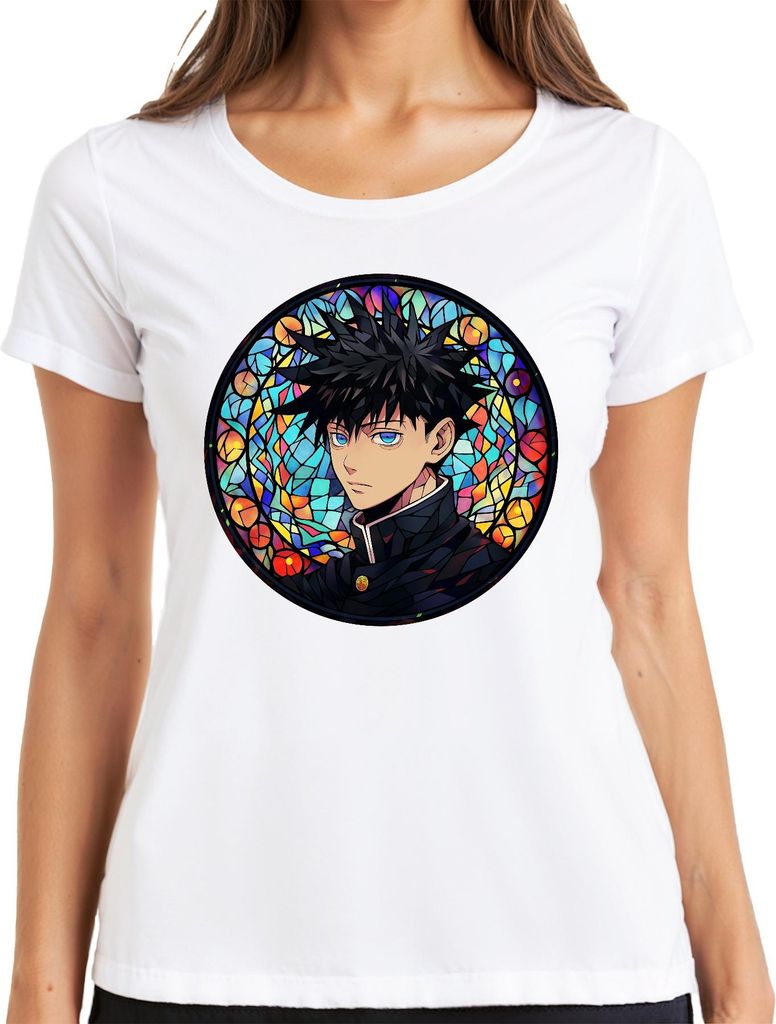 Anime Junge Blaue Augen Schwarze Haare Buntglas Fenster Mystisch Damen T-Shirt, Weiß, M