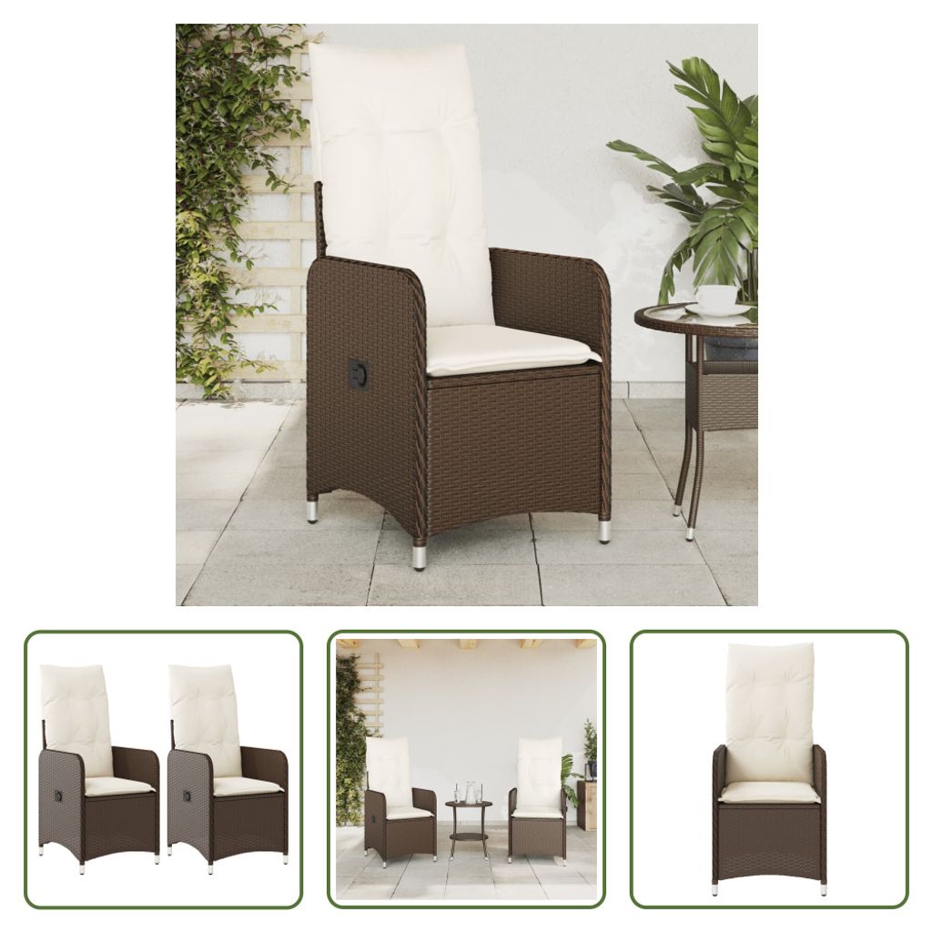 The Living Store Gartensessel mit Kissen 2 Stk. Verstellbar Braun Poly Rattan