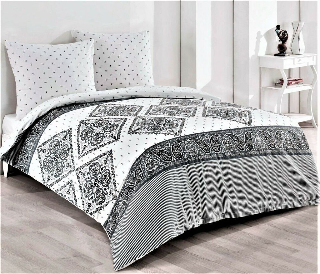 3tlg Wende Bettwäsche Set Renforce Baumwolle Schlafzimmer Bettbezug Übergröße XL 200x220 2x Kissenbezug 80x80 Silber Grau Anthrazit Elegant Karo