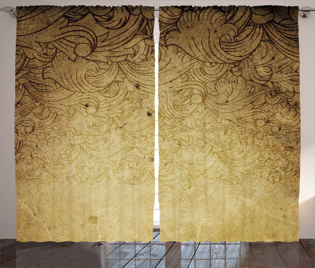 ABAKUHAUS Jahrgang Rustikaler Vorhang, Brown Blumenverzierungen, Wohnzimmer Universalband Gardinen mit Schlaufen und Haken, 280 x 245 cm, Tan