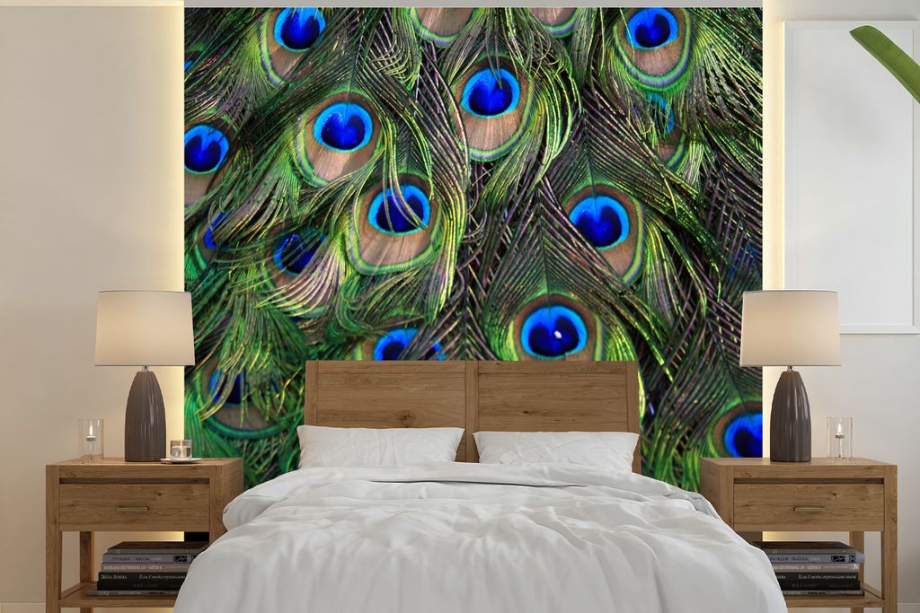 MuchoWow Fototapete für Wohnzimmer oder Schlafzimmer Wandtapete Vinyl Motivtapete Pfau - Federn - Augen - Blau - 260x260 cm - Papiertapeten
