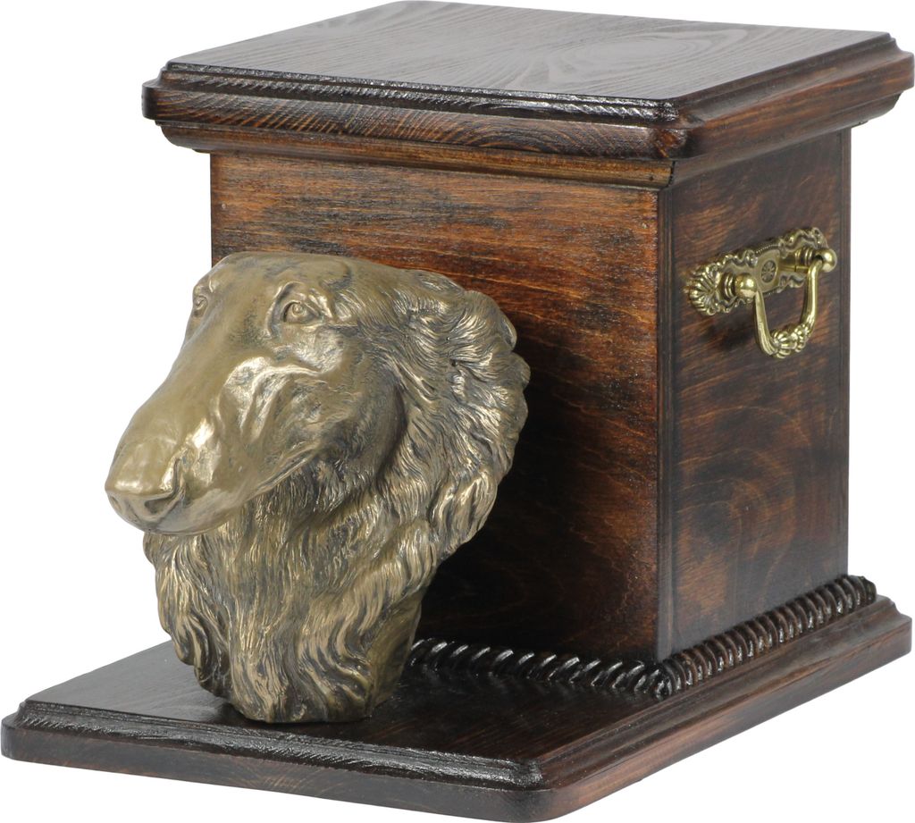Barsoi, Russischer Jagdwindhund, Barzaia - Eine Urne für die Asche eines Hundes mit einer Statuette, eine elegante Urne für einen Hund, eine auß...