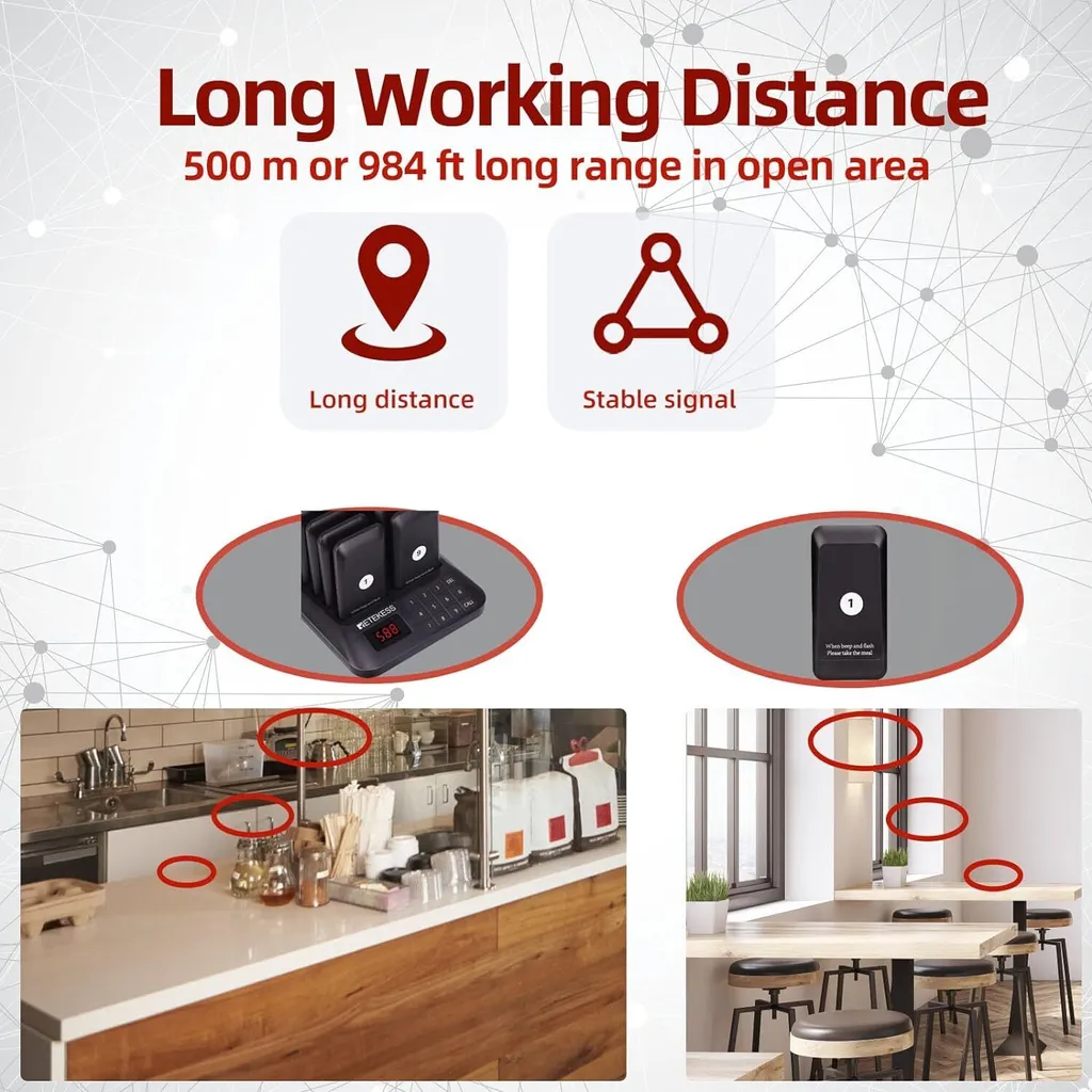 Bipeur Restaurant Portée 500m Retekess TD157 avec 2 Modes d'Alerte Flash