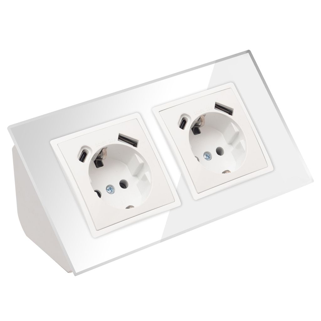 Glas Ecksteckdose 2-fach Steckdose mit USB und USB-C Produktbild 