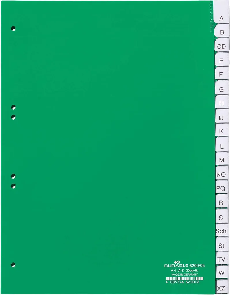 Intercalaires Alphabétiques A-Z en Plastique Vert pour Classeur A4