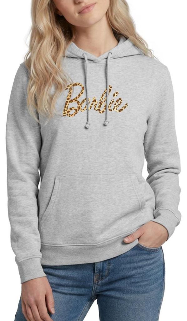 Spreadshirt Barbie Leo-Print Logo Damen Hoodie, L, Hellgrau meliert