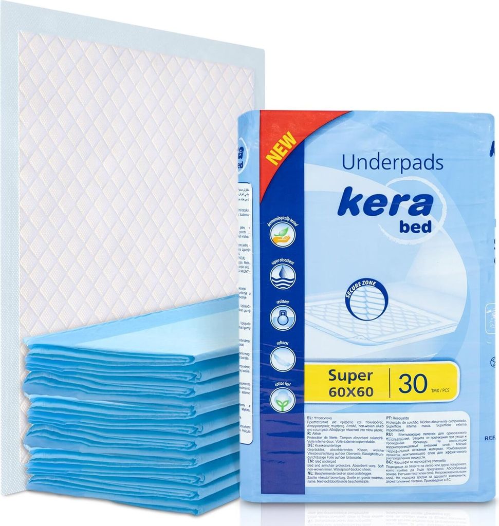 KERA saugstarke Inkontinenzauflage 60 x 60 cm - Einweg Bettunterlage mit “Baumwolle Feel” Comfort - Inkontinenzunterlage Wickelunterlage, 60 St...