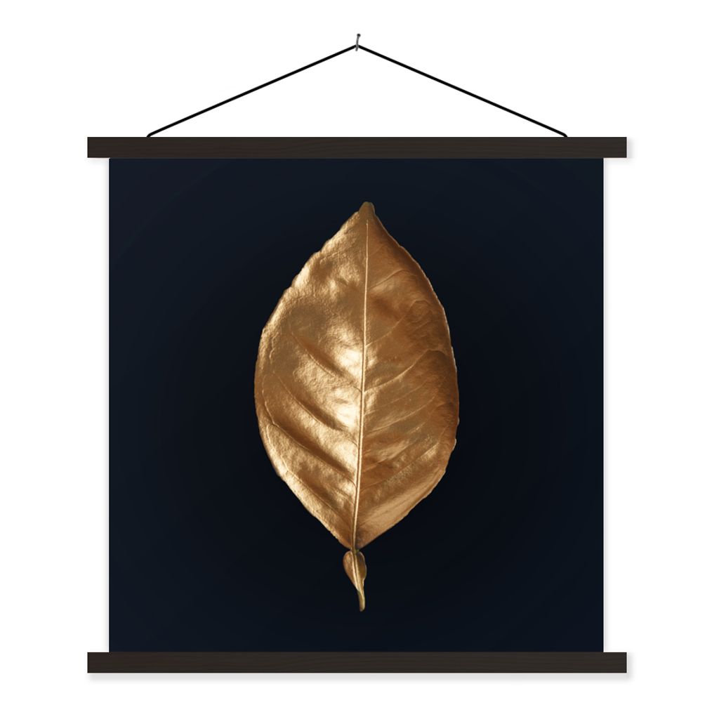 MuchoWow Textilposter Blätter - Chic - Gold - Pflanzen - Schwarz 120x120 cm mit schwarzem Rahmen - Aufhängungsset