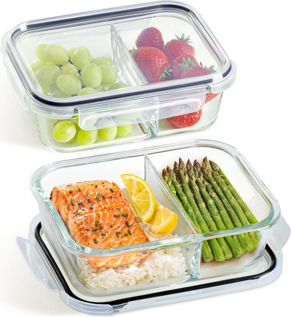 Meal Prep Boxen Glas 2 Fächer - 2er Set Glass Meal Prep Containers 1l - Luftdicht - Geeignet für Spülmaschine, Mikrowelle & Ofen