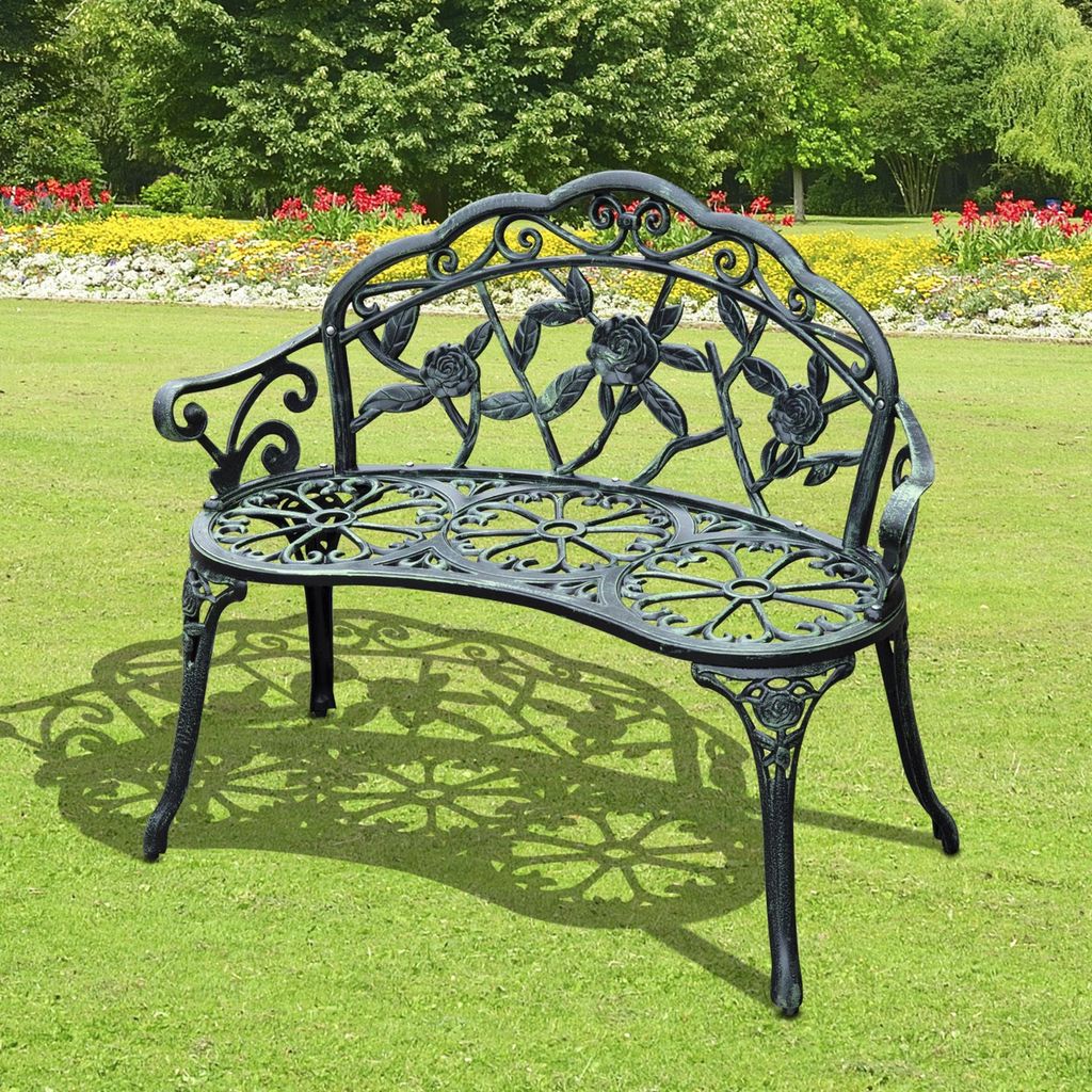 Gartenbank 2-Sitzer Gussaluminium, Parkbank Retro Blumenmuster, Sitzbank Antik-Design, Antik Grün | 100 x 54 x 78 cm | bis 240 kg | wetterfest