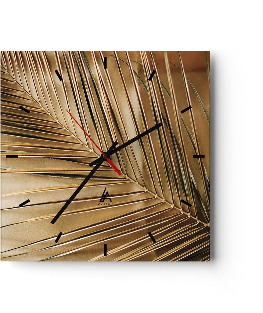 Wanduhr - Quadrat - Glasuhr - Blatt Gold Pflanze - 30x30cm Produktbild 