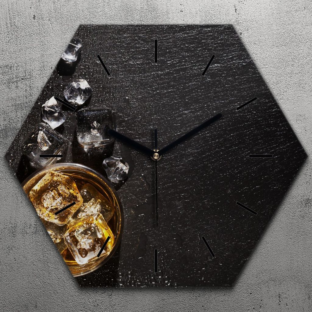 Uhr hexagonal 40 cm Glas Geräuschlos schwarze Zeiger - Whisky Glas