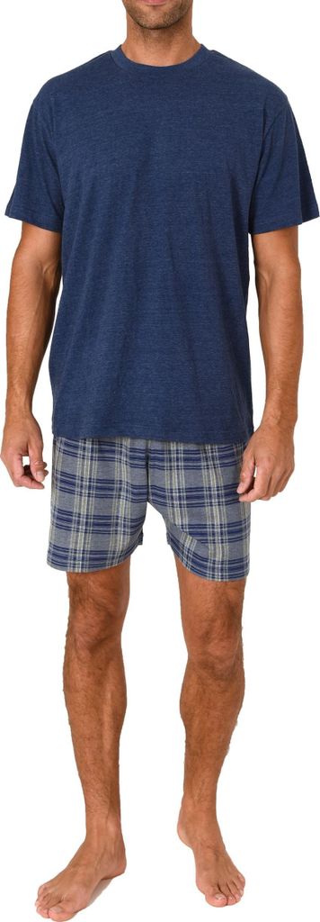 Normann Herren kurzarm Schlafanzug Shorty Pyjama Hose in Karo Optik ; navy-mel. , 50