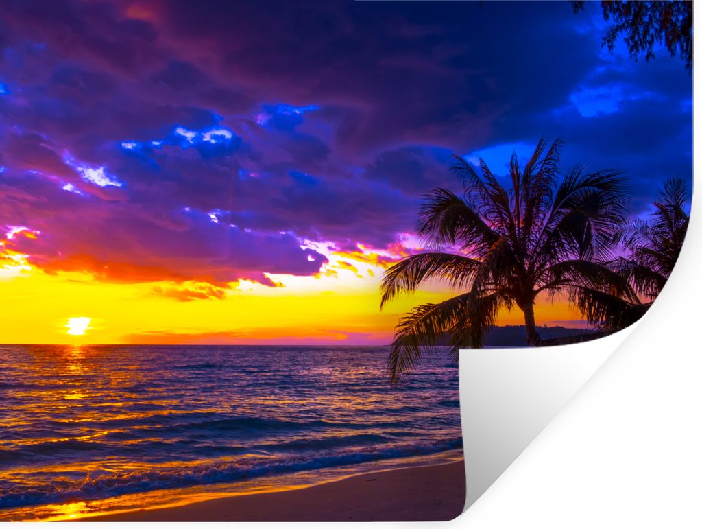 MuchoWow Wandtattoo Wandsticker Wandaufkleber Palme - Lila - Sonnenuntergang - Strand - Meer 80x60 cm Selbstklebend und Repositionierbar - Falten...