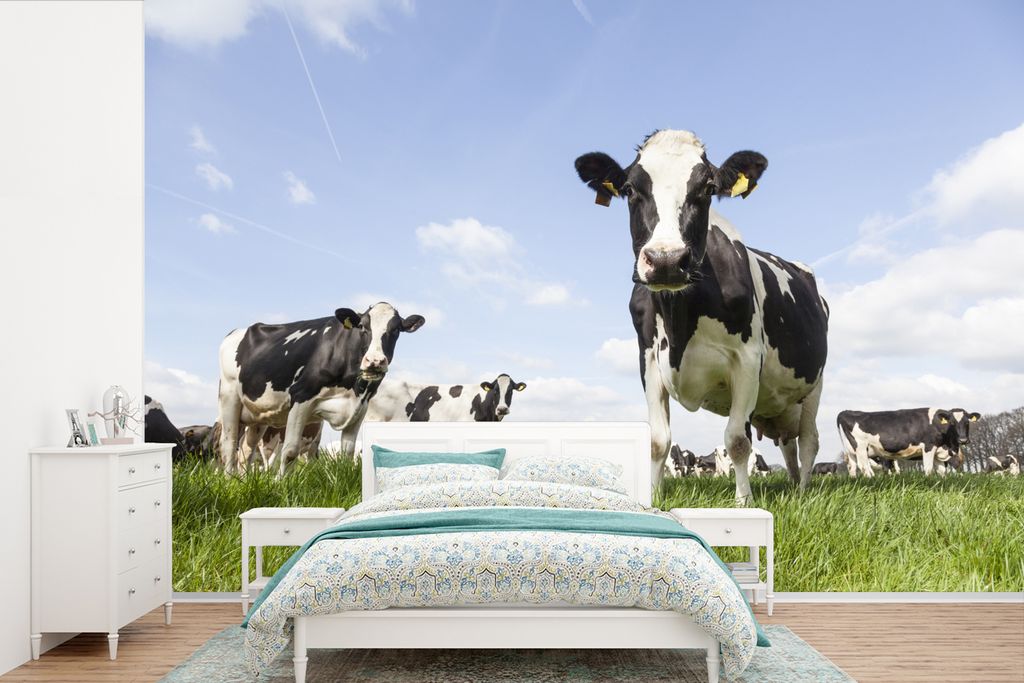 MuchoWow Fototapete für Wohnzimmer oder Schlafzimmer Wandtapete Vinyl Motivtapete Kühe - Gras - Tiere - Sonne - Bauernhof - 450x300 cm - Gemust...