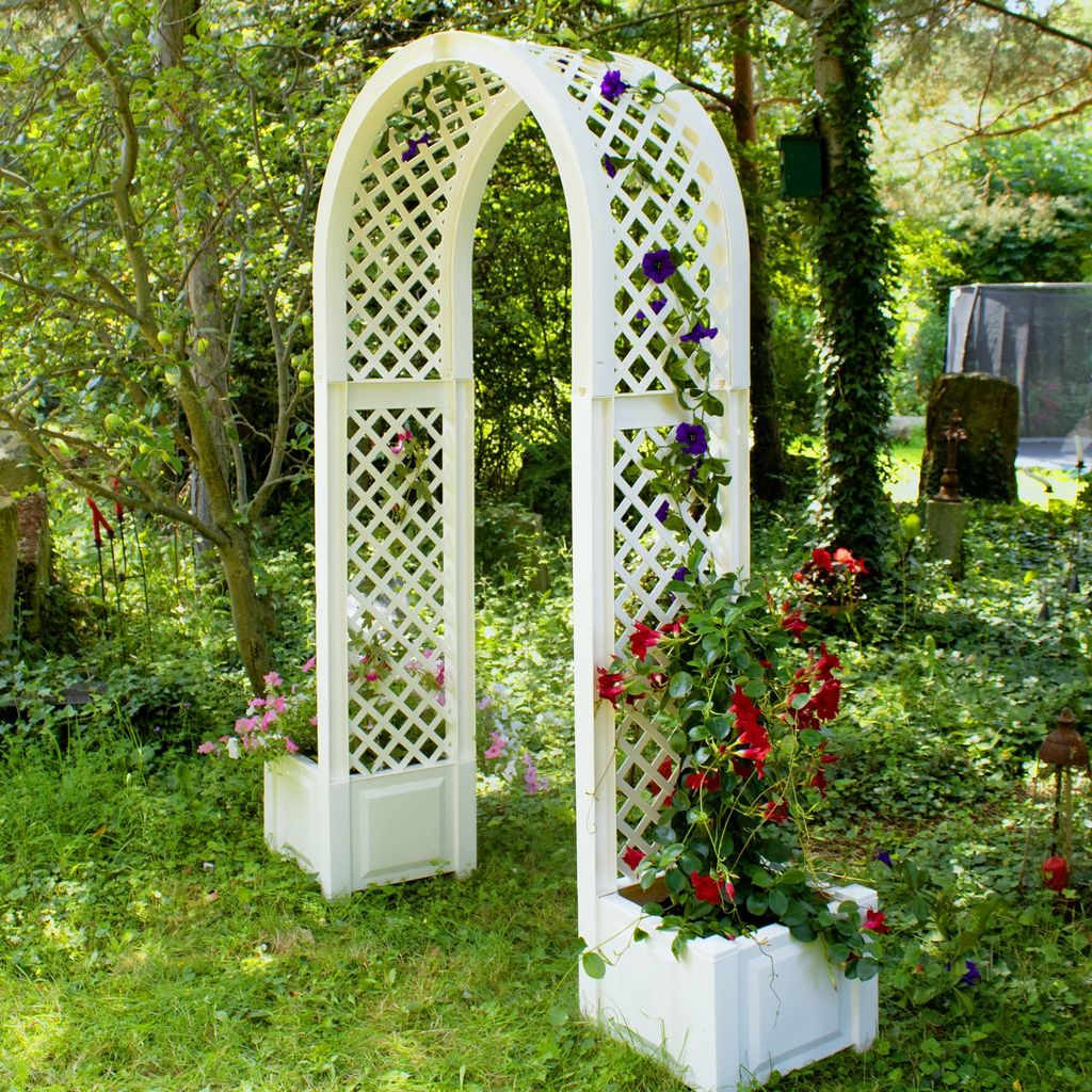 Rosenbogen mit Pflanzkasten NYVIGreen 174x43x207 cm – Spalier mit Blumenkasten aus wetterfestem & recyceltem Kunststoff, Farbe:Weiß