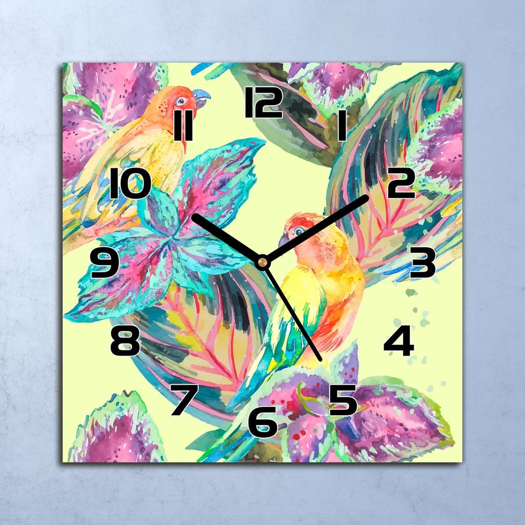 Wanduhr Echt-Glas-Küchenuhr Bunte Papageien Quarz Lautlos 30x30 Deko Bilder