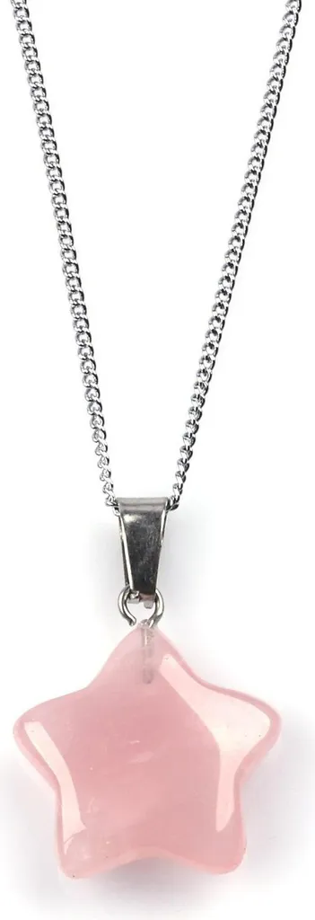 Collier quartz rose en forme d'étoile, finition argentée étincelante