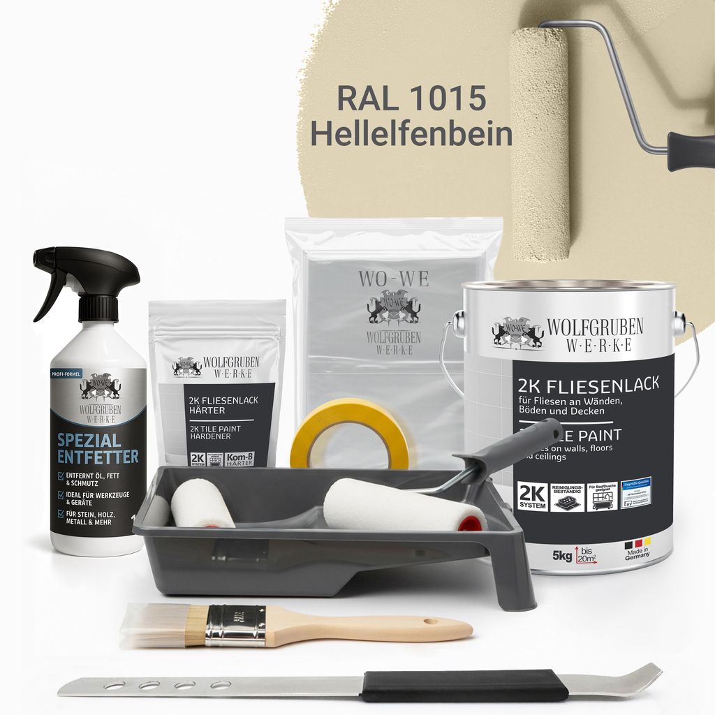 WO-WE Komplettset 2K Fliesenlack Renovierungsset für Küche, Badezimmer, Wand- & Bodenfliesen Hellelfenbein 5Kg