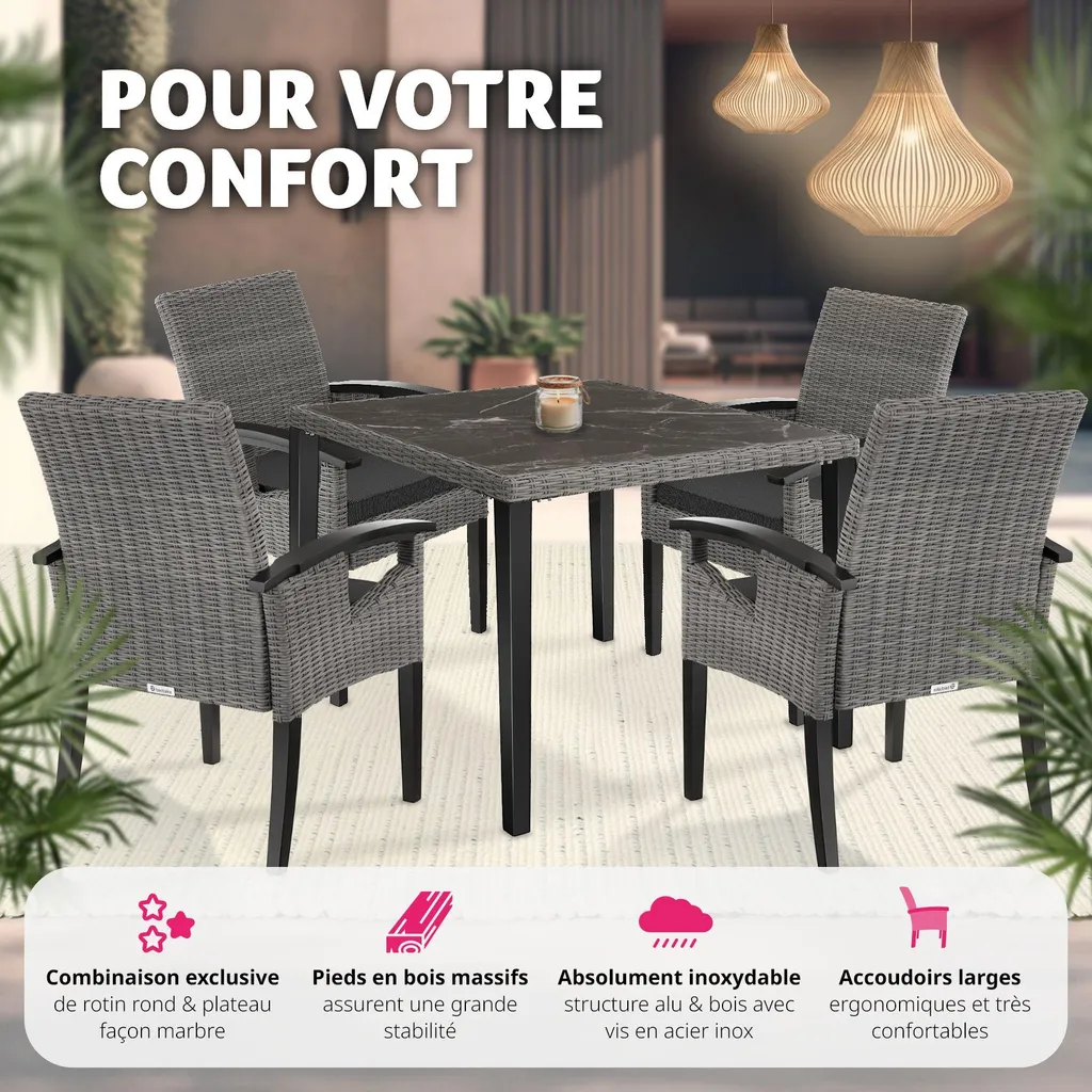 Table rotin Tarent et 4 chaises Rosarno gris résistant aux intempéries - 4