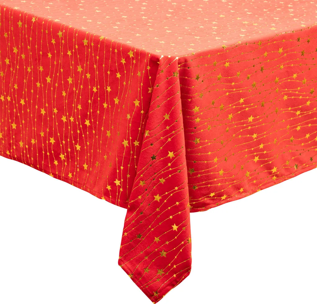 Tovaglia Atmosphera Rossa Stelle Oro 140x360 - Natale Elegante