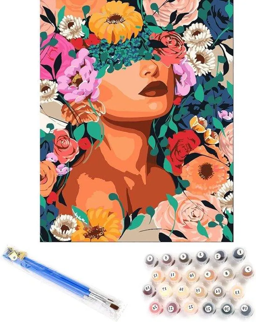 Tableau Acrylique à Peindre Soi-Même - Kit Complet Femme et Fleurs DIY