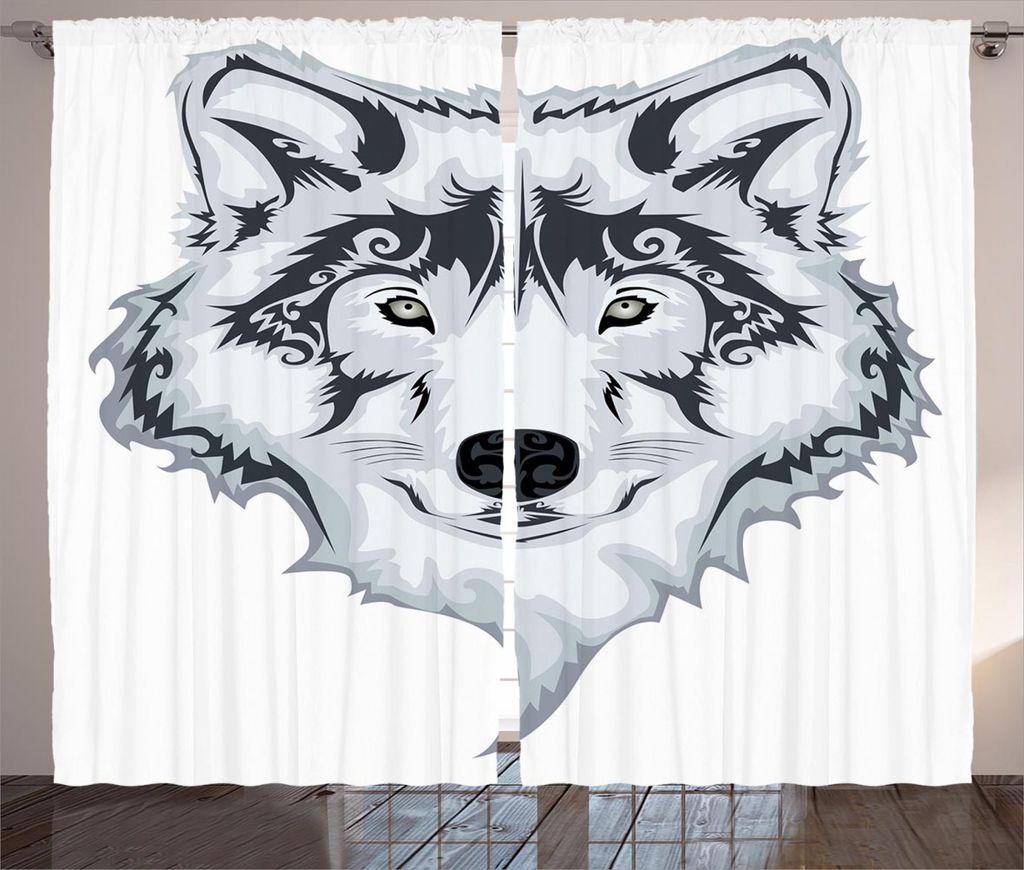 ABAKUHAUS Tätowieren Rustikaler Gardine, Tibal Wild Wolf Tattoo, Schlafzimmer Kräuselband Vorhang mit Schlaufen und Haken, 280 x 225 cm, Weiß un...