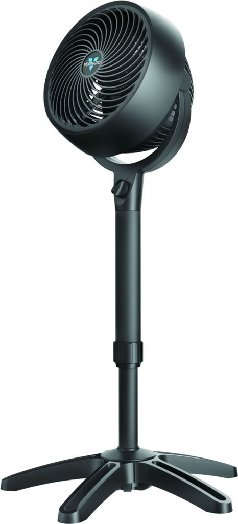 A black stand fan on a white background.