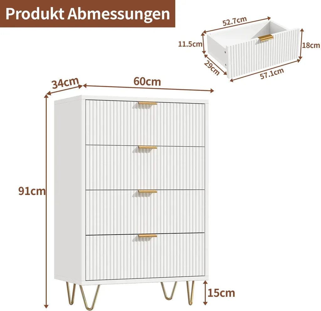 Table de chevet stable anti-basculement 4 tiroirs bois blanc pour rangement