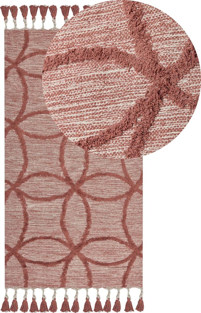 BELIANI Teppich Rot Baumwolle 80 x 150 cm Rechteckig Läufer Geometrisches Muster mit Fransen Boho Fußbodenheizug Geeignet Wohnzimmer Schlafzimmer...