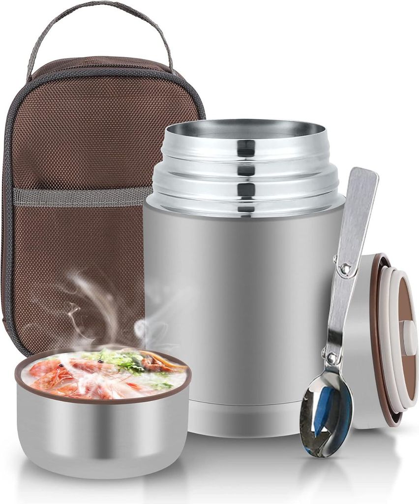 Thermobehälter 800 ml für Essen, Edelstahl Wärmebehälter für speisen,mit Besteck,Tragetasche, auslaufsicher, bruchsicher,für Büro, Schule, R...