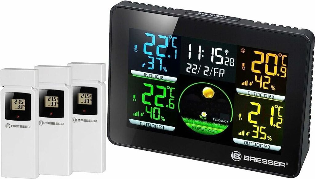 A digital weather station with multiple outdoor sensors.
